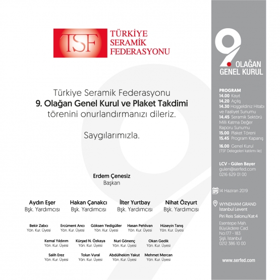 TÜRKİYE SERAMİK FEDERASYONU 2019 yılı 9. Olağan Genel Kurul Toplantısı  ve “Plaket Takdimi” töreni,